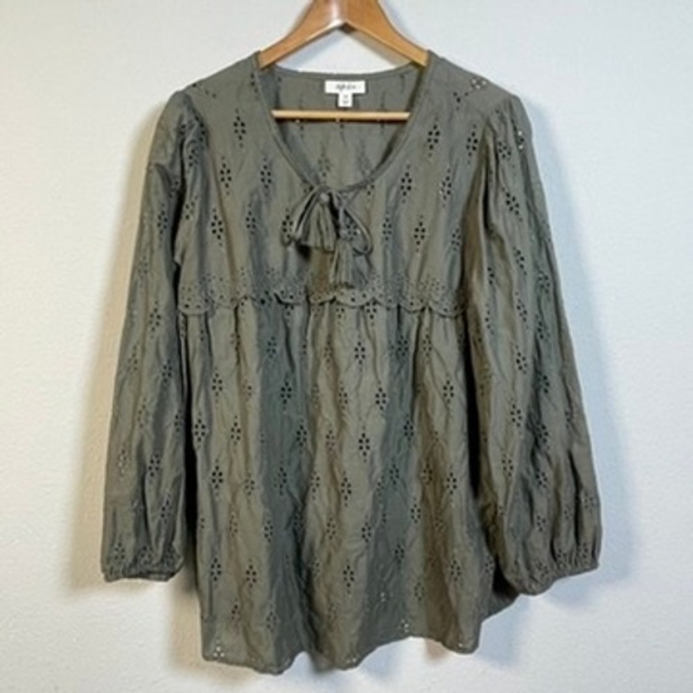 Style & Co Eyelet Blouse Womens 2X Green Cotton Long Sleeve Tassel Tie Boho Top